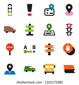 solid vector ixon set - school bus vector, signpost, navigator, map pin, traffic light, car, route, attention sign, stop