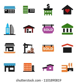 solid vector ixon set - school building vector, bank, office, dry cargo, hospital, cottage, barn, sold signboard, apartments, love home, construction crane, store, mall