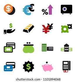 solid vector ixon set - school building vector, gold ingot, credit card, percent growth, piggy bank, investment, dollar medal, safe, any currency, euro sign, yen, coin, wallet, reader