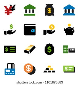 solid vector ixon set - school building vector, bank, gold ingot, credit card, wallet, piggy, investment, receipt, dollar shield, yen sign, coin, money bag, check