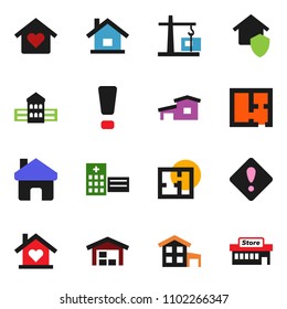 solid vector ixon set - school building vector, hospital, home, attention sign, house, cottage, barn, plan, love, construction crane, protect, mall