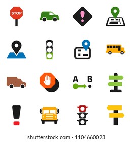 solid vector ixon set - school bus vector, signpost, navigator, map pin, traffic light, car, route, attention sign, stop