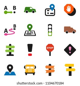 solid vector ixon set - school bus vector, signpost, navigator, map pin, traffic light, car, route, attention sign, stop