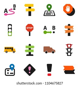 solid vector ixon set - school bus vector, signpost, navigator, traffic light, car, route, attention sign, stop