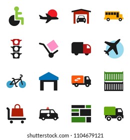solid vector ixon set - school bus vector, bike, plane, traffic light, sea container, consolidated cargo, warehouse, disabled, amkbulance car, garage, relocation truck, trolley, delivery
