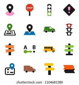 solid vector ixon set - school bus vector, signpost, navigator, map pin, traffic light, car, route, attention sign, stop
