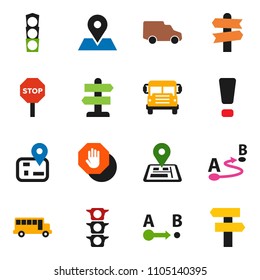 solid vector ixon set - school bus vector, signpost, navigator, map pin, traffic light, car, route, attention sign, stop