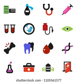 Solid Vector Ixon Set - School Building Vector, Doctor Bag, Flask, Vial, Eye, Dna, Pregnancy, Syringe, Broken Bone, Stethoscope, Blood Drop, Potion, Counter, Tooth, Medical Room