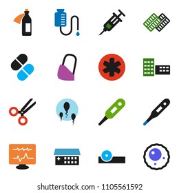 solid vector ixon set - school building vector, ambulance star, thermometer, syringe, scissors, pills, blister, eye doctor hat, hospital, diagnostic monitor, potion, bandage, drop counter, sperm