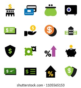 solid vector ixon set - school building vector, percent growth, piggy bank, investment, receipt, dollar shield, safe, any currency, credit card, coin, wallet, check