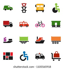 solid vector ixon set - school bus vector, bike, traffic light, ship, truck trailer, delivery, car, consolidated cargo, Railway carriage, disabled, amkbulance, trolley