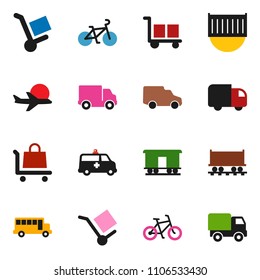 solid vector ixon set - school bus vector, bike, Railway carriage, plane, sea container, delivery, car, cargo, amkbulance, trolley