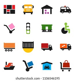 solid vector ixon set - school bus vector, traffic light, ship, truck trailer, sea container, delivery, consolidated cargo, warehouse, Railway carriage, disabled, amkbulance car, garage, relocation