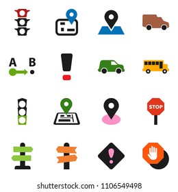 solid vector ixon set - school bus vector, signpost, navigator, map pin, traffic light, car, route, attention sign, stop