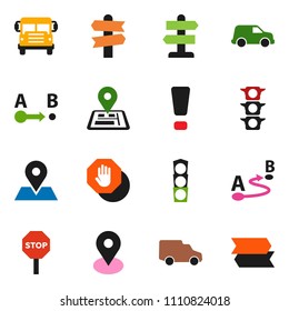 solid vector ixon set - school bus vector, signpost, navigator, map pin, traffic light, car, route, attention sign, stop