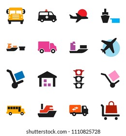 solid vector ixon set - school bus vector, plane, traffic light, ship, delivery, port, cargo, warehouse, amkbulance car, relocation truck, trolley