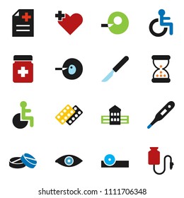 solid vector ixon set - school building vector, disabled, heart cross, thermometer, eye, insemination, scalpel, sand clock, pills, bottle, blister, doctor hat, anamnesis, drop counter
