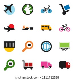 solid vector ixon set - school bus vector, world, bike, plane, truck trailer, sea container, delivery, port, cargo, search, trolley