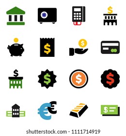 solid vector ixon set - school building vector, bank, dollar coin, gold ingot, piggy, investment, receipt, medal, safe, euro sign, credit card, reader, check