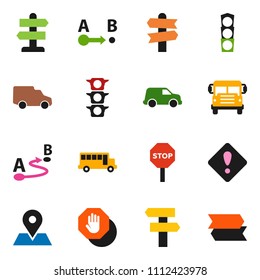 solid vector ixon set - school bus vector, signpost, map pin, traffic light, car, route, attention sign, stop