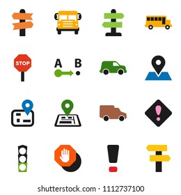solid vector ixon set - school bus vector, signpost, navigator, map pin, traffic light, car, route, attention sign, stop