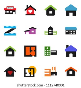 solid vector ixon set - school building vector, measuring, hospital, home, house, cottage, plan, love, mall