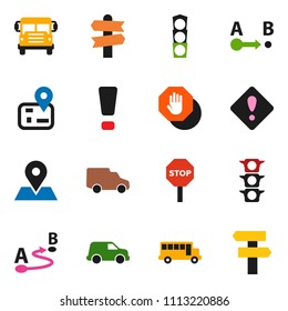 solid vector ixon set - school bus vector, signpost, navigator, map pin, traffic light, car, route, attention sign, stop