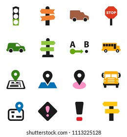 solid vector ixon set - school bus vector, signpost, navigator, map pin, traffic light, car, route, attention sign, stop