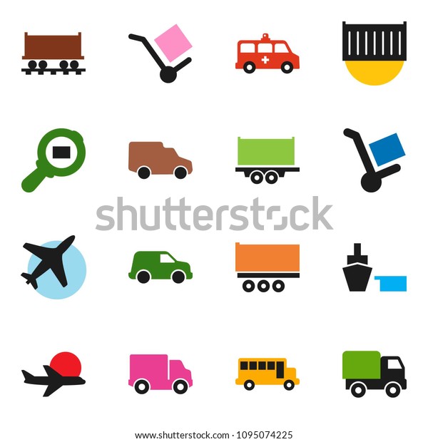 solid vector ixon set - school bus\
vector, Railway carriage, plane, truck trailer, sea container,\
delivery, car, port, cargo, search, amkbulance,\
trolley
