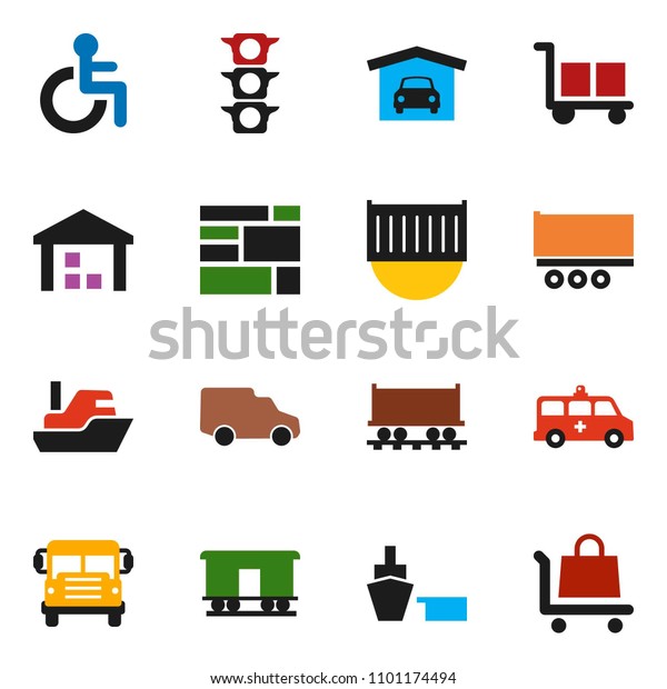 solid vector ixon set - school bus vector,\
Railway carriage, traffic light, ship, truck trailer, sea\
container, car, port, consolidated cargo, warehouse, disabled,\
amkbulance, garage,\
trolley
