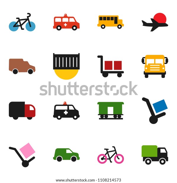 solid vector ixon set - school bus vector, bike,\
plane, sea container, car, cargo, Railway carriage, amkbulance,\
trolley, delivery