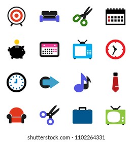 solid vector ixon set - scissors vector, music, piggy bank, case, clock, tie, calendar, target, arrow, cushioned furniture, tv
