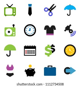 solid vector ixon set - scissors vector, piggy bank, case, clock, tie, calendar, dollar sign, swimsuite, t shirt, umbrella, radio, satellitie, tv, arrow