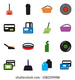 solid vector ixon set - scoop vector, foam basin, cleaning agent, sieve, jar, credit card, disk
