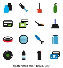 solid vector ixon set - scoop vector, cleaning agent, blender, sieve, jar, credit card, water bottle, disk