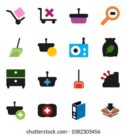 solid vector ixon set - scoop vector, cereal, archive, binder, first aid kit, cargo, no trolley, search, radio, cashbox, basket, package