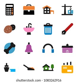 solid vector ixon set - scoop vector, trash bin, sink, potato, pen, university, bell, case, calculator, bone, port, headphones, cottage, chalet, construction crane, mail