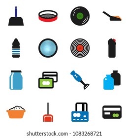 solid vector ixon set - scoop vector, foam basin, cleaning agent, blender, sieve, jar, credit card, water bottle, disk