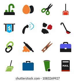 solid vector ixon set - scoop vector, clothespin, trash bin, steaming, garbage pile, water tap, ladle, rolling pin, egg, case, scissors, dollar flag, link, mailbox