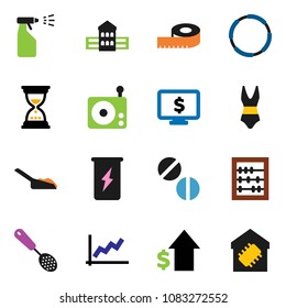 solid vector ixon set - scoop vector, sprayer, skimmer, school building, abacus, graph, dollar growth, sand clock, monitor, measuring, swimsuite, enegry drink, hoop, radio, pills, smart home
