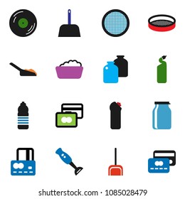 solid vector ixon set - scoop vector, foam basin, cleaning agent, blender, sieve, jar, credit card, water bottle, disk