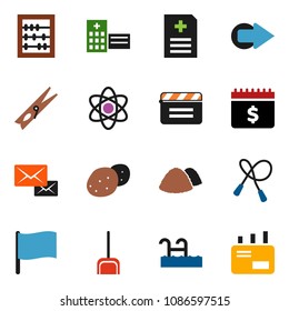solid vector ixon set - scoop vector, clothespin, garbage pile, potato, atom, abacus, flag, dollar calendar, jump rope, cinema clap, anamnesis, hospital building, arrow, mail, pool