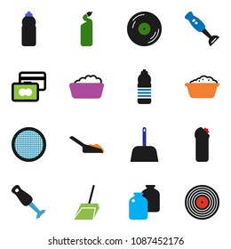 solid vector ixon set - scoop vector, foam basin, cleaning agent, blender, sieve, jar, credit card, water bottle, disk