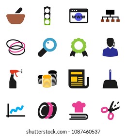 solid vector ixon set - scoop vector, sprayer, cookbook, plates, medal, graph, coin stack, hierarchy, hoop, traffic light, newspaper, magnifier, mortar, browser, support, coupon