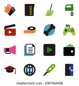 solid vector ixon set - scoop vector, rubber glove, measuring cup, mixer, graduate hat, wallet, bone, document, cinema clap, loudspeaker, gamepad, play button, thermometer, globe, fridge