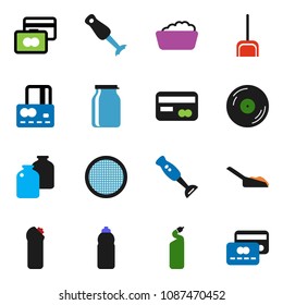 solid vector ixon set - scoop vector, foam basin, cleaning agent, blender, sieve, jar, credit card, water bottle, disk