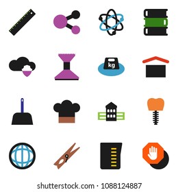 solid vector ixon set - scoop vector, clothespin, car fetlock, measuring cup, cook hat, book, school building, ruler, atom, world, dry cargo, weight, tooth implant, cloud shield, share, stop