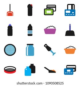 solid vector ixon set - scoop vector, foam basin, cleaning agent, blender, sieve, jar, credit card, water bottle