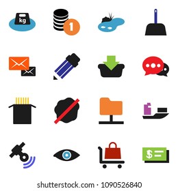 solid vector ixon set - scoop vector, splotch, pasta, pencil, coin stack, ship, weight, satellitie, eye, network folder, message, mail, pond, basket, trolley, check