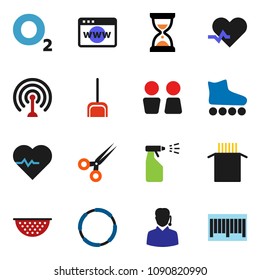 solid vector ixon set - scoop vector, sprayer, water closet, colander, pasta, sand clock, heart pulse, roller Skates, hoop, oxygen, antenna, scissors, browser, support, barcode